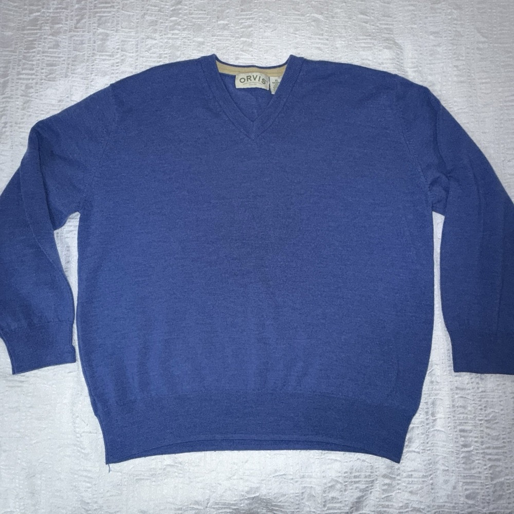 Orvis Men's Merino Wool V-Neck Sweater Blue Size XL Pullover Knit Light Outdoors